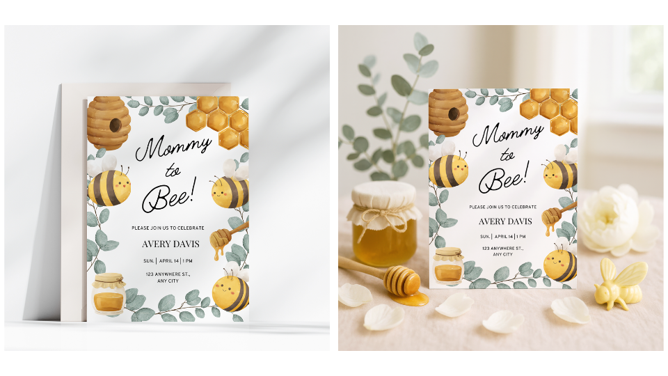 Side by side comparison of the same Mommy to Bee baby shower invite. Left is a plain white generic mockup. Right is a warm themed scene with honey jar, dipper, bee prop, and flowers.