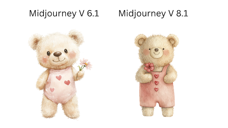 Two cute watercolour nursery teddy bears on white, labelled Midjourney V 6.1 and V 8.1, both beige with pink outfits and flowers, second prompt comparison.