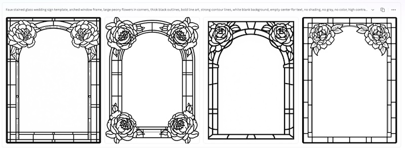 Canva AI image generator showing a faux stained glass wedding sign prompt in the bar and four black and white bold line art variations with arched frames, peonies in corners, and blank centres for text.