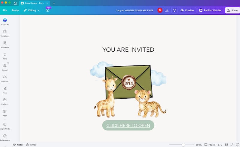 Canva editor showing multi page baby shower website invite structure with landing page, RSVP, registry, games and RSVP sections.