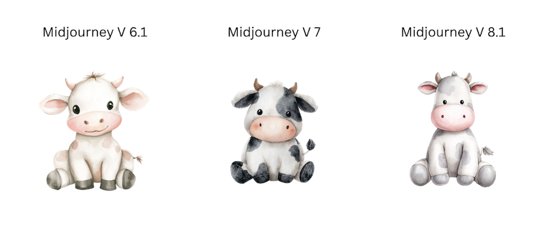 Three cute watercolour nursery style baby cows in a row on white, labelled Midjourney V 6.1, V 7, and V 8.1, showing how each version renders the same style of clipart.