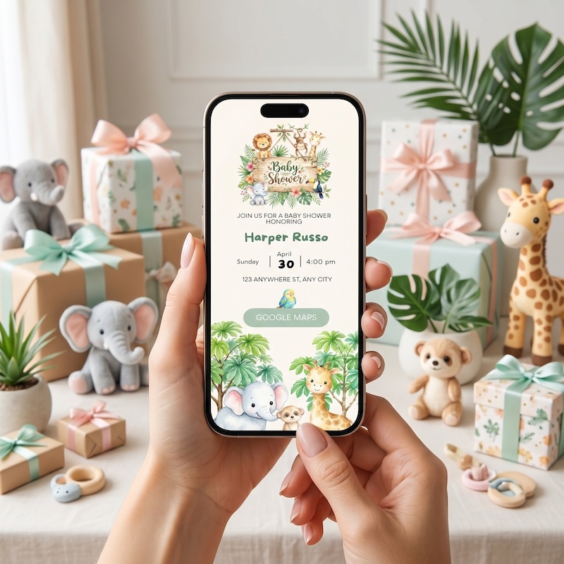 Finished Mockably mockup of a baby shower website invite displayed on an iPhone in a soft baby themed indoor scene.