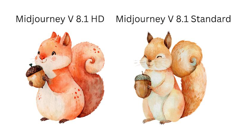 Two watercolour nursery squirrels with acorns on white, left labelled Midjourney V 8.1 HD, right labelled V 8.1 Standard, same prompt showing HD bolder and smoother versus Standard softer textured wash.