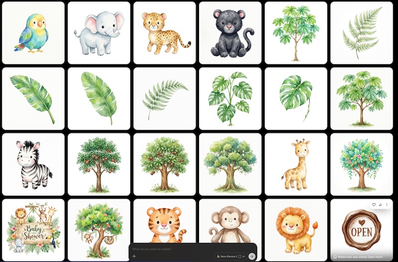 Examples of cute AI generated baby shower clipart animals on transparent backgrounds for invite design.