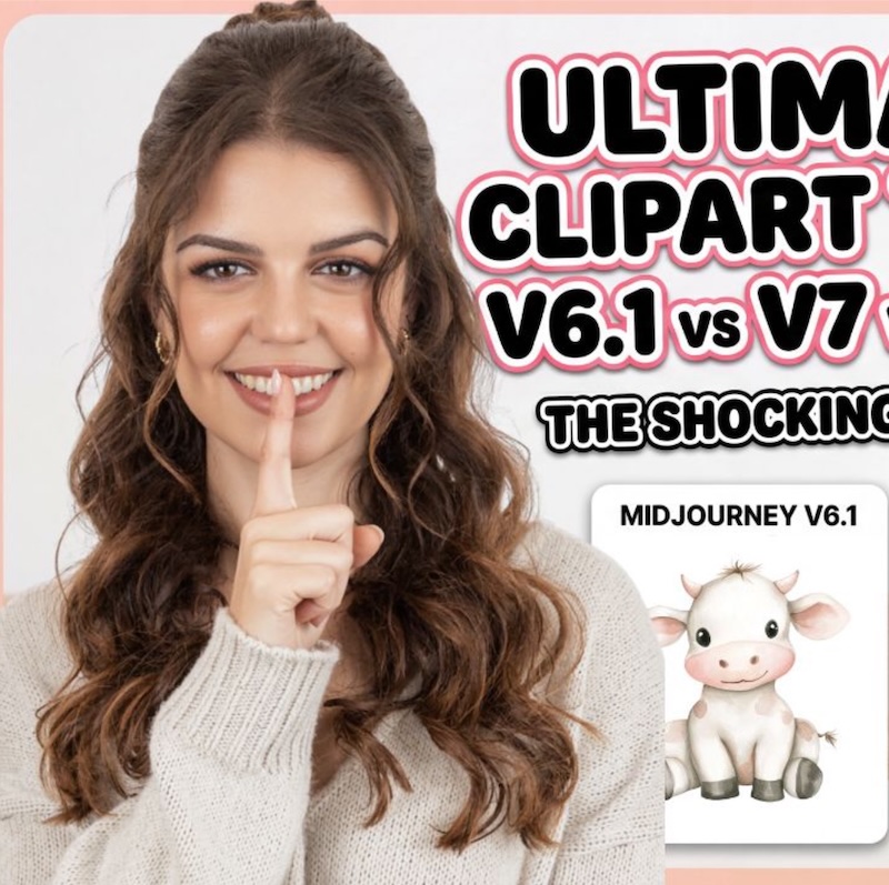 Video style thumbnail: Diana smiling with a shush gesture, bold text about ultimate clipart and Midjourney version comparison, with a small inset of cute watercolour V6.1 baby cow clipart.
