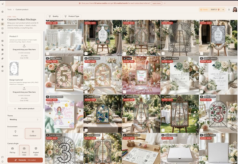 Mockably custom product mockups screen: left panel with uploaded arched wedding sign, wedding theme, outdoor and front view selected; main area shows a grid of wedding mockup templates with easels and table numbers.