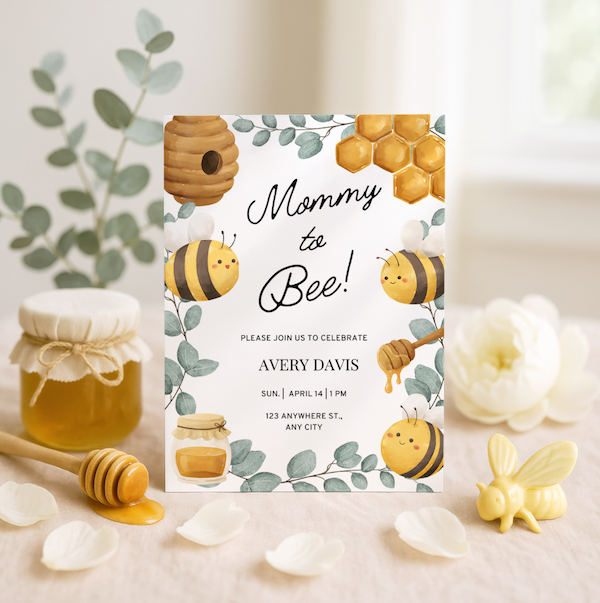 Baby shower Mommy to Bee invitation mockup in a soft bright scene with honey jar, dipper, flowers, and bee themed props.
