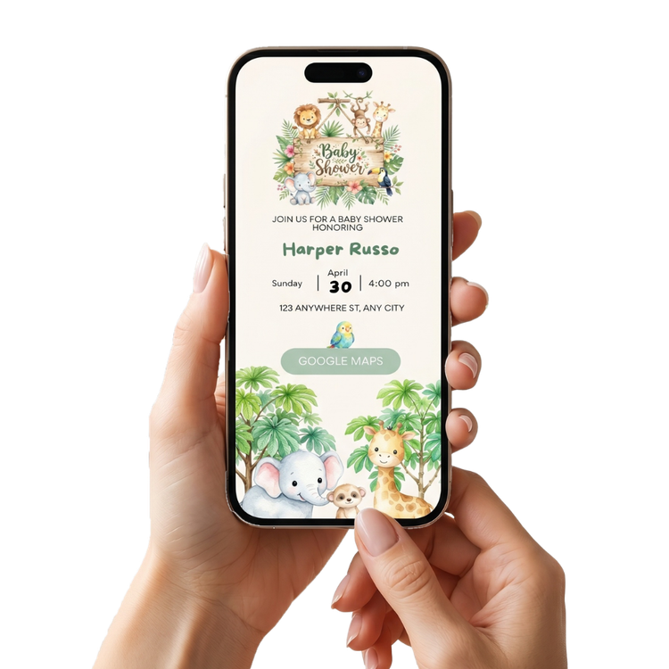 Animated baby shower website invite on a phone screen with cute animals and soft pastel colours, showing the wow factor of a digital invite.
