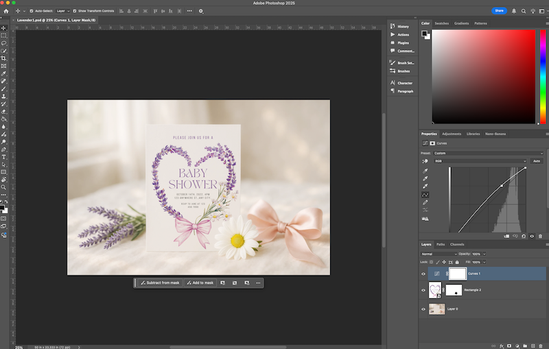 Adobe Photoshop 2025 screenshot with a lavender baby shower invite mockup on canvas and layers panel showing Curves, Rectangle 2 smart object, and base photo.