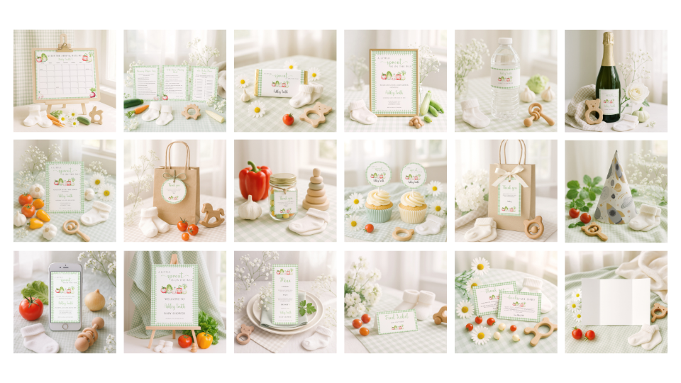 Grid of eighteen cohesive baby shower mockups for A Little Sprout is on the Way theme: invites, signs, favors, games, and stationery in sage green and cream with garden props.