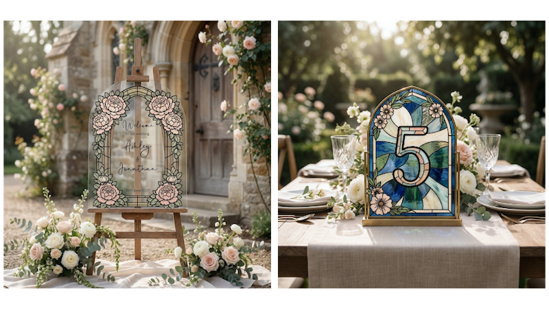 Side by side mockups: left, arched stained glass style wedding welcome sign on an easel with roses and stone building behind; right, stained glass table number five in a gold frame on a dressed wedding table.