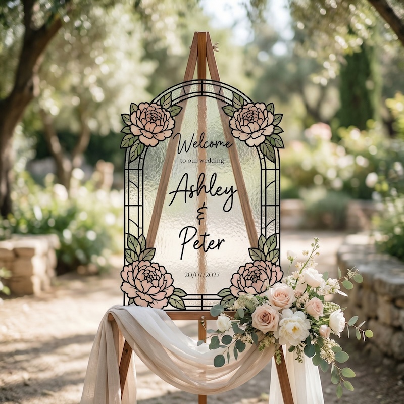 Mockup of a stained glass style wedding welcome sign on a wooden easel outdoors, arched frame with pink peonies in the corners, frosted glass centre, text Welcome to our wedding Ashley and Peter 20 July 2027, flowers at the base, sunlit garden background.