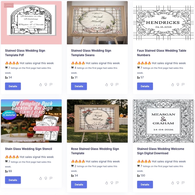 Insight Factory grid of stained glass wedding sign and table number listings on Etsy, each card showing thumbnails, hot sales signals, first page sales counts, and value scores.