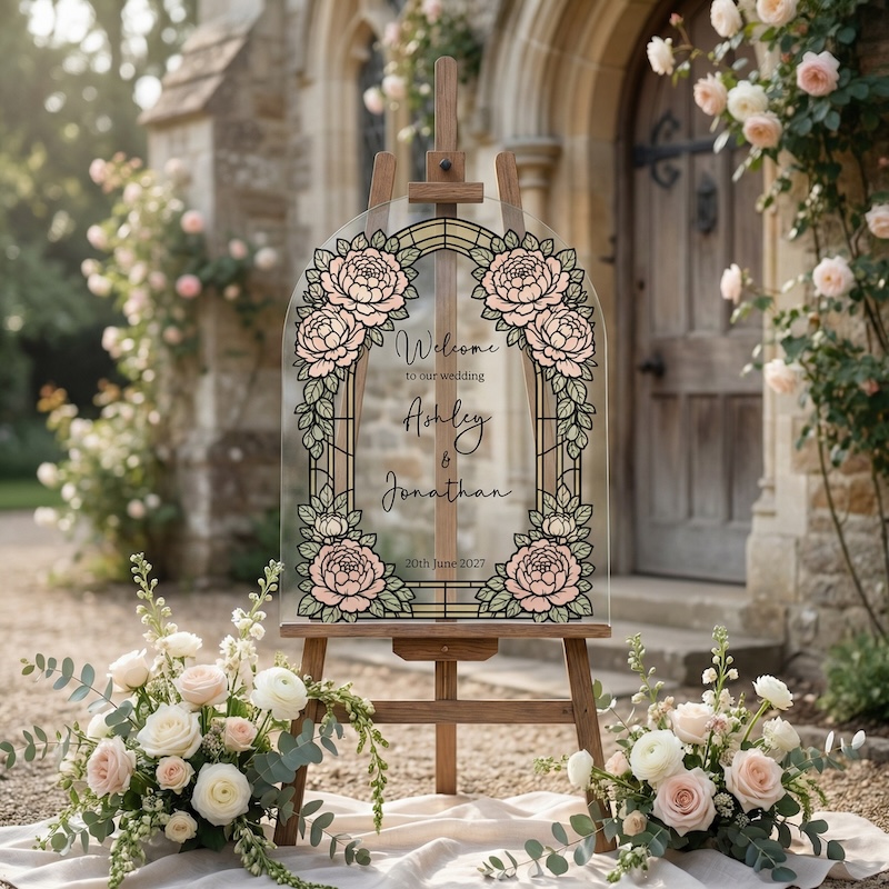 Arched clear wedding welcome sign on a wooden easel with stained glass style pink roses and green leaves around the border, text Welcome to our wedding Ashley and Jonathan, outdoor stone chapel and floral arrangements.