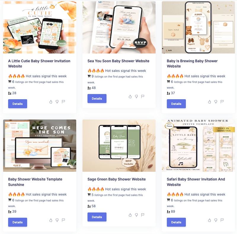 Etsy search results for baby shower website invites showing bestseller badges and basket counts on listings.