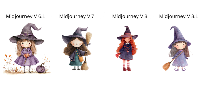 Four cute witch clipart illustrations in a row on white, labelled Midjourney V 6.1, V 7, V 8, and V 8.1, soft watercolour nursery style, same prompt for each.