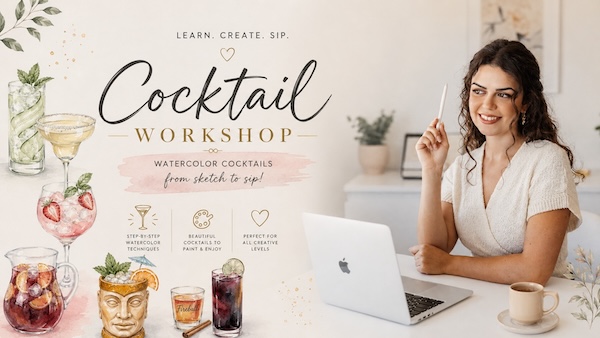Create With Me workshop: watercolor cocktail clipart from sketch to sip