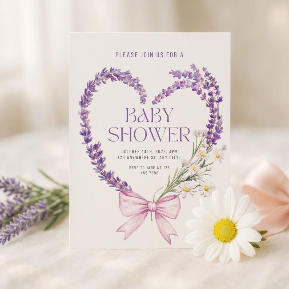 Same lavender baby shower invitation in a dreamy styled mockup scene