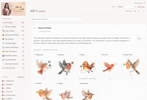 Animated preview of The AI Creator Lab prompt library: sidebar categories and AI tools, search and sort, Peaceful Robin nursery prompt with copy button, and a grid of results from Midjourney, Ideogram, Canva AI, and other models.
