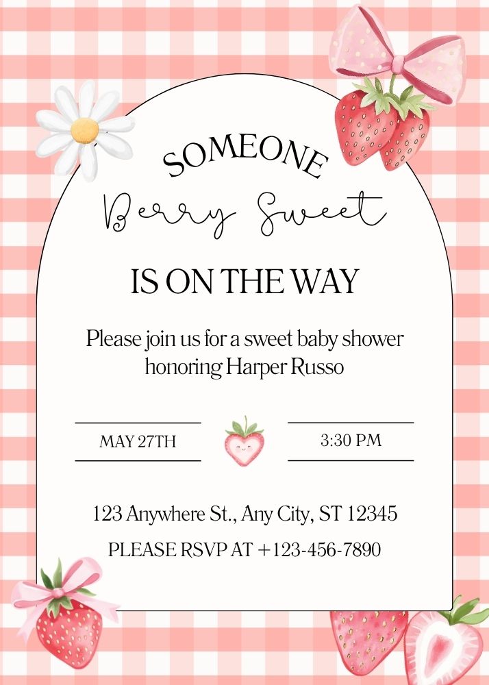 Finished 5×7 baby shower invitation design with berry illustrations and gingham pattern
