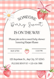 Finished 5×7 baby shower invitation design with berry illustrations and gingham pattern