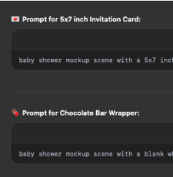 Prompt Lab Bot interface showing tailored mockup prompts for invitation and wrapper products