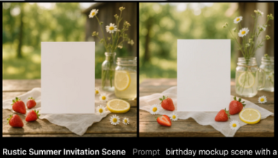 Two AI-generated rustic summer invitation mockup scenes with a blank vertical card