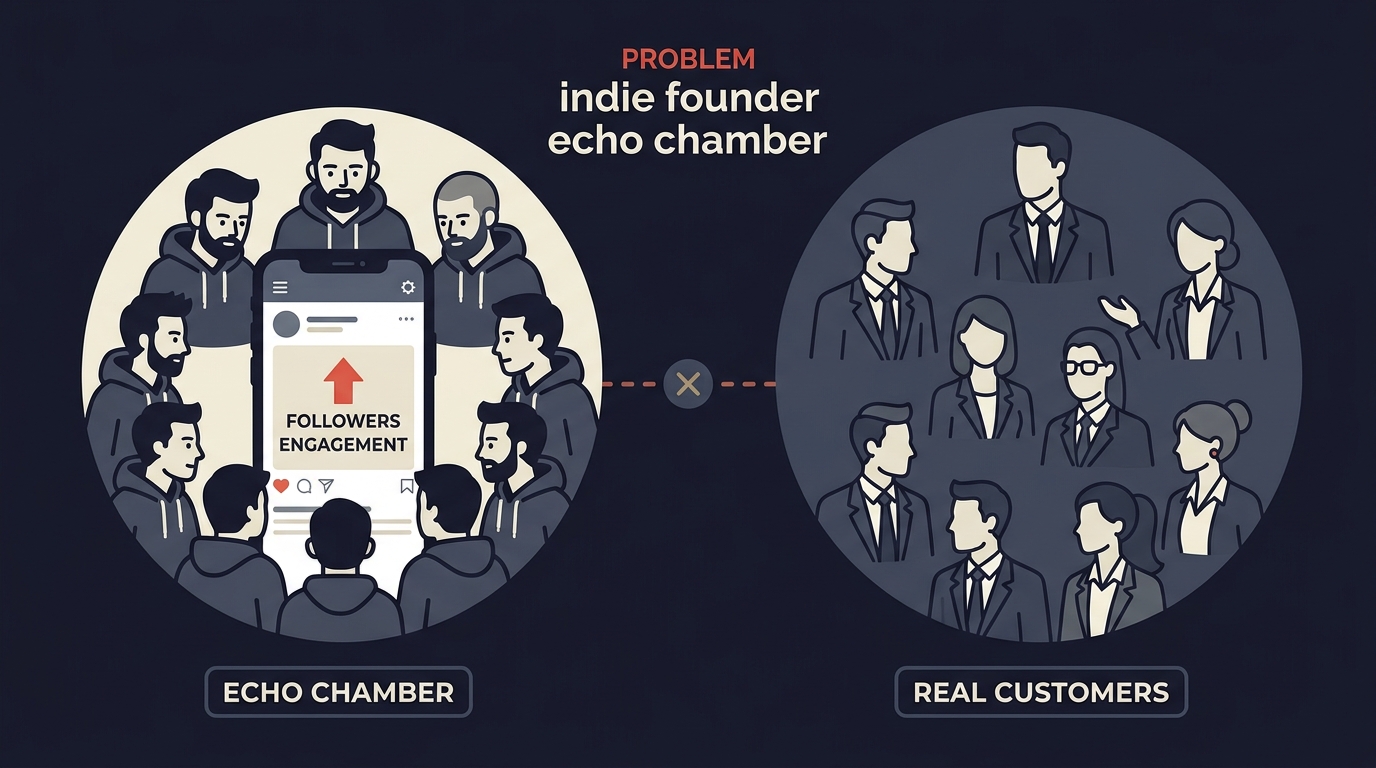 The echochamber effect: indie founder posts reach fellow founders — warm engagement, but not paying customers