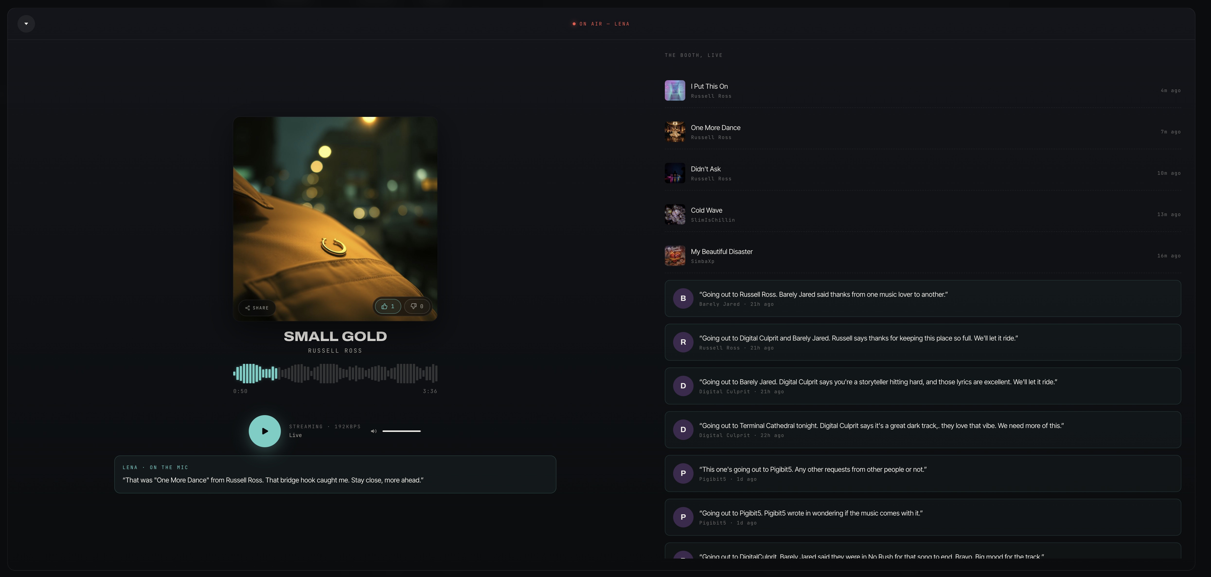 Numa Radio now-playing view with current track and Lena's commentary