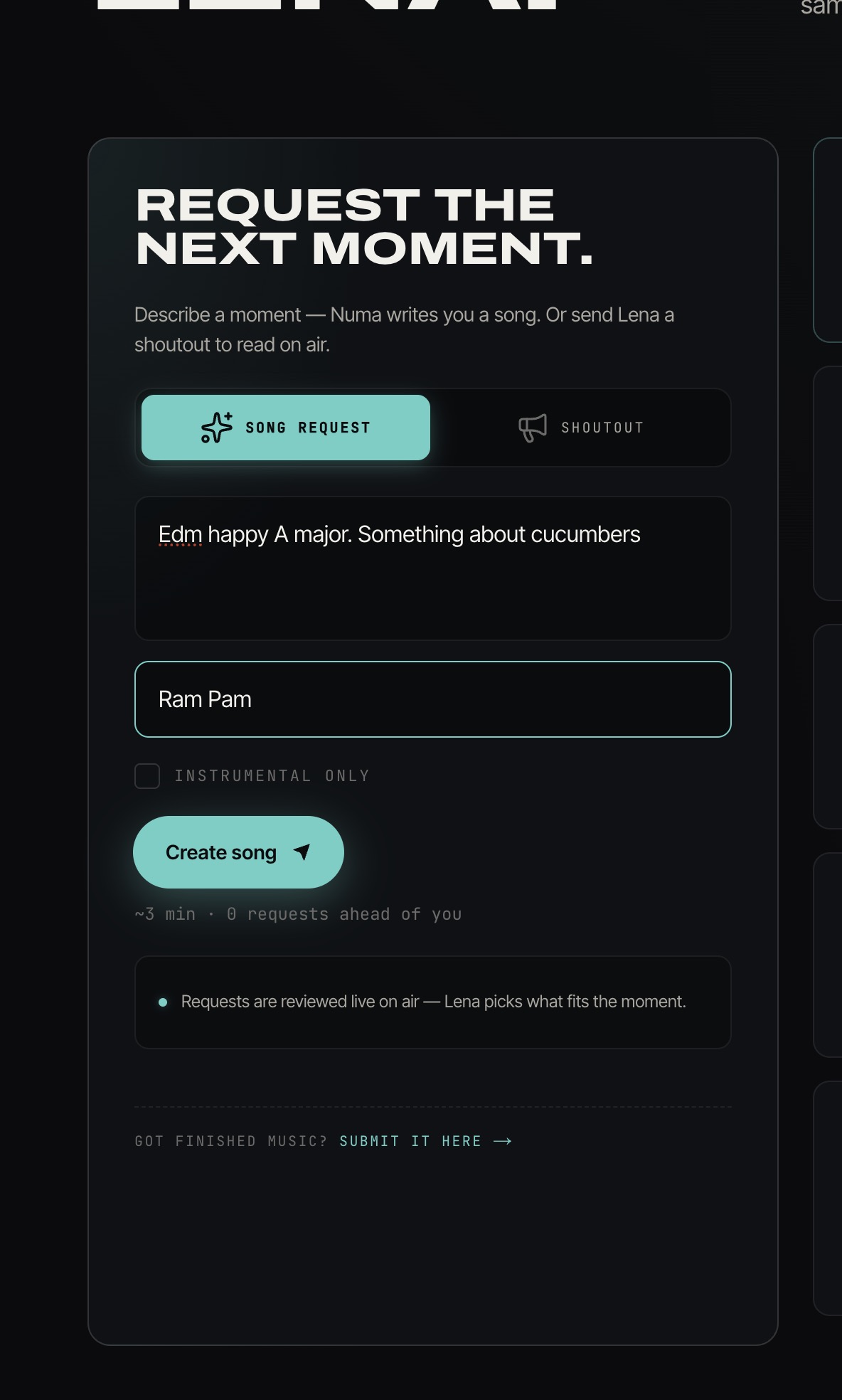 Listener request flow — send a track to Lena