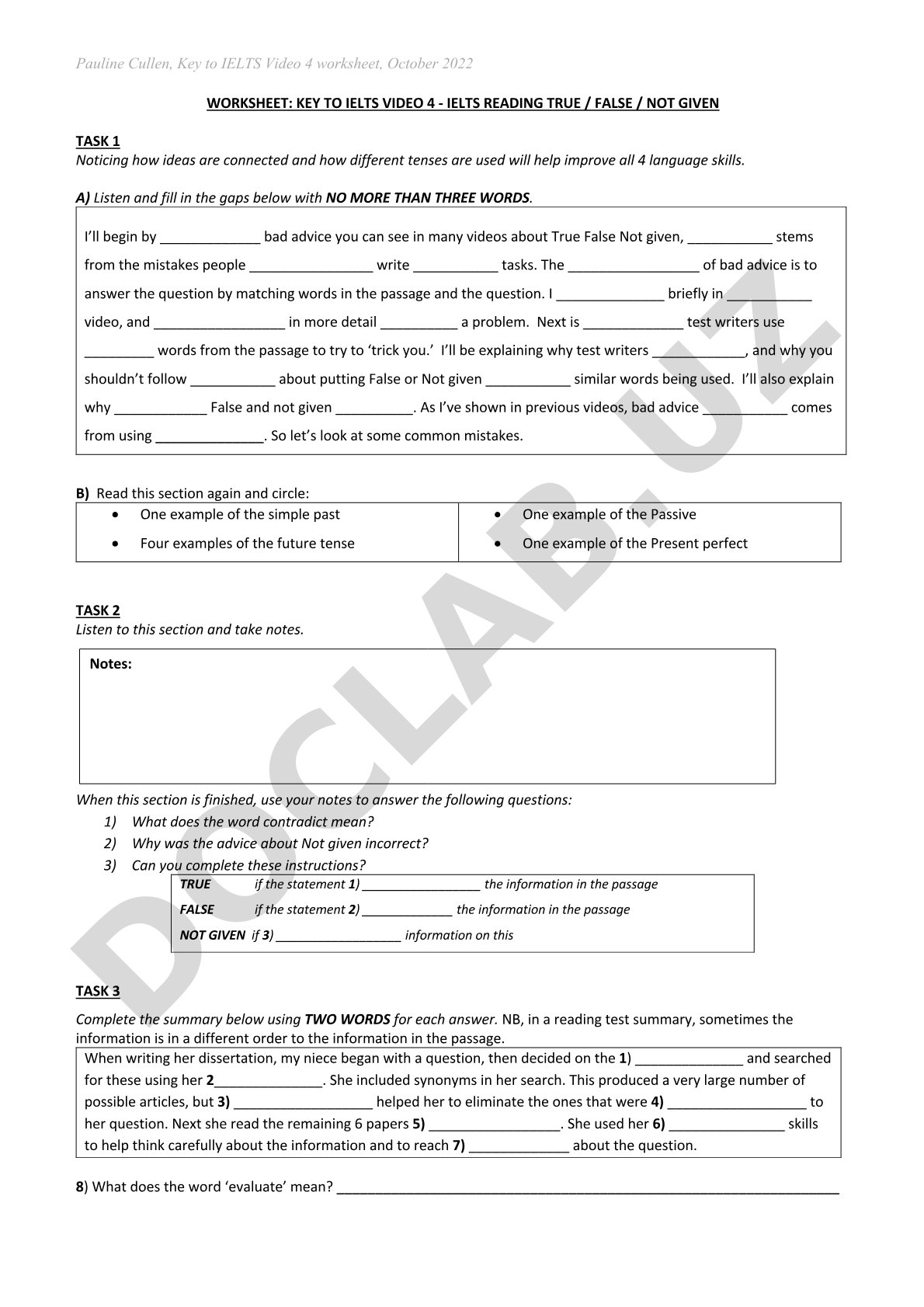 Key to IELTS Video 4 Worksheet - IELTS Reading True/False/Not Given