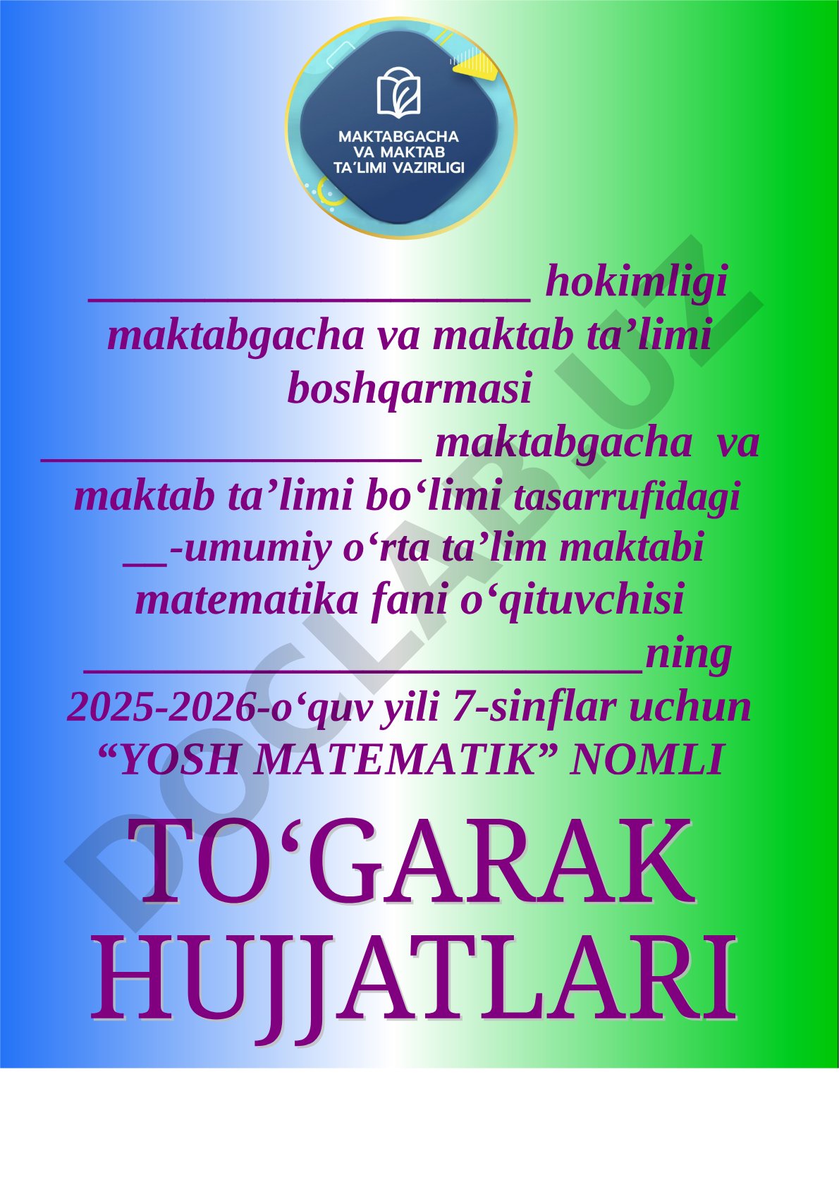 Yosh matematik to'garagi ish rejasi