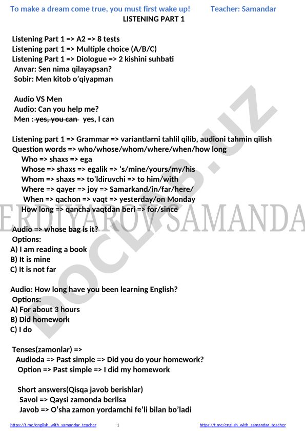A2 darajadagi listening testlari va grammatika