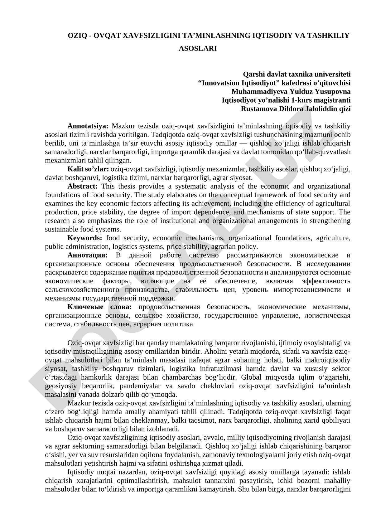 Oziq-ovqat xavfsizligining iqtisodiy va tashkiliy asoslari