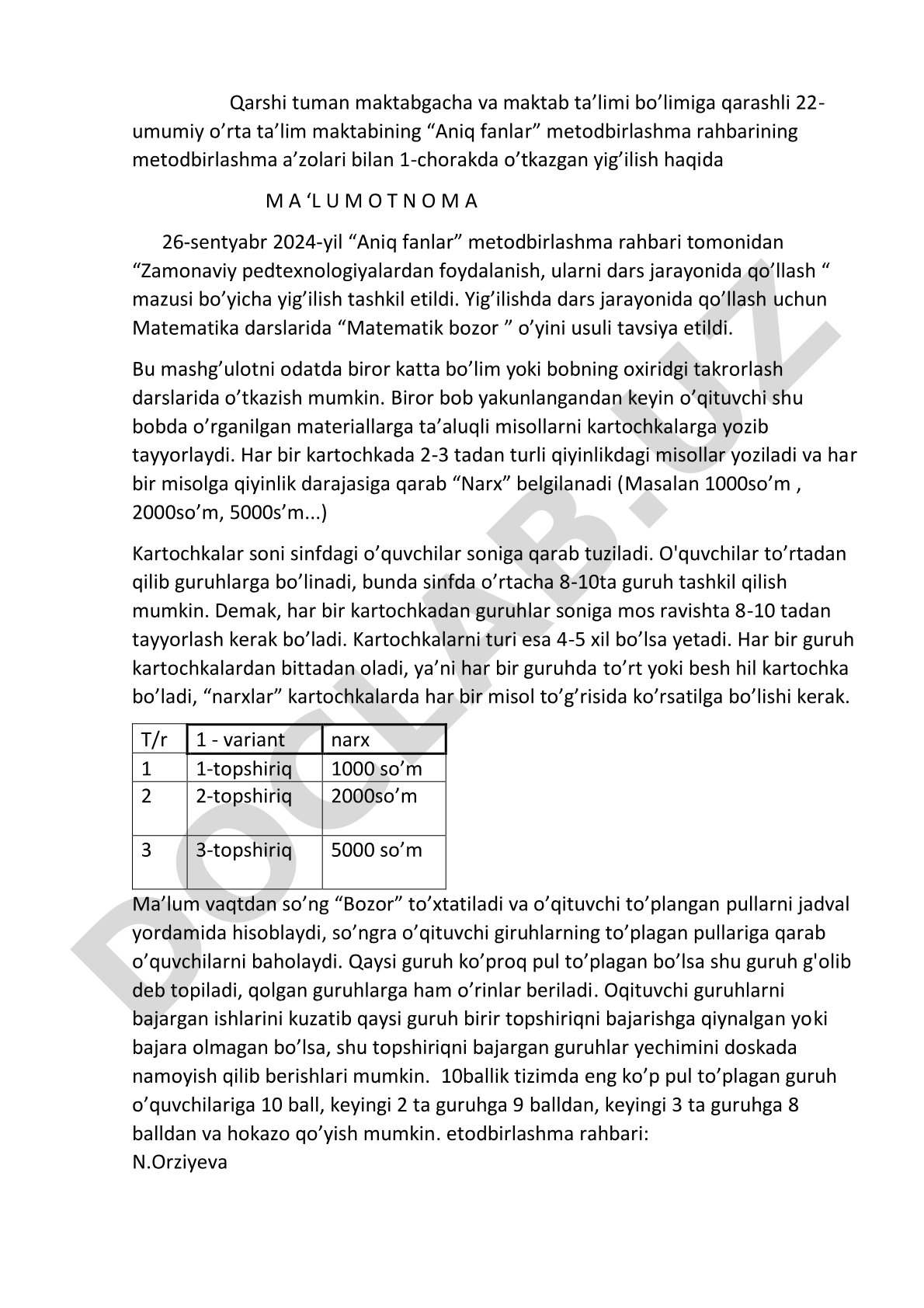 Matematik Bozor O'yini Metodikasi