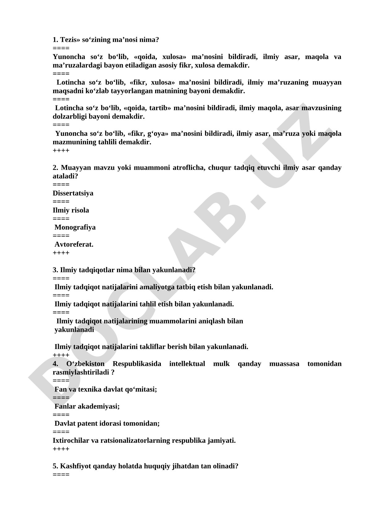 Tezis so'zining ma'nosi va ilmiy tadqiqotlar haqida test savollari