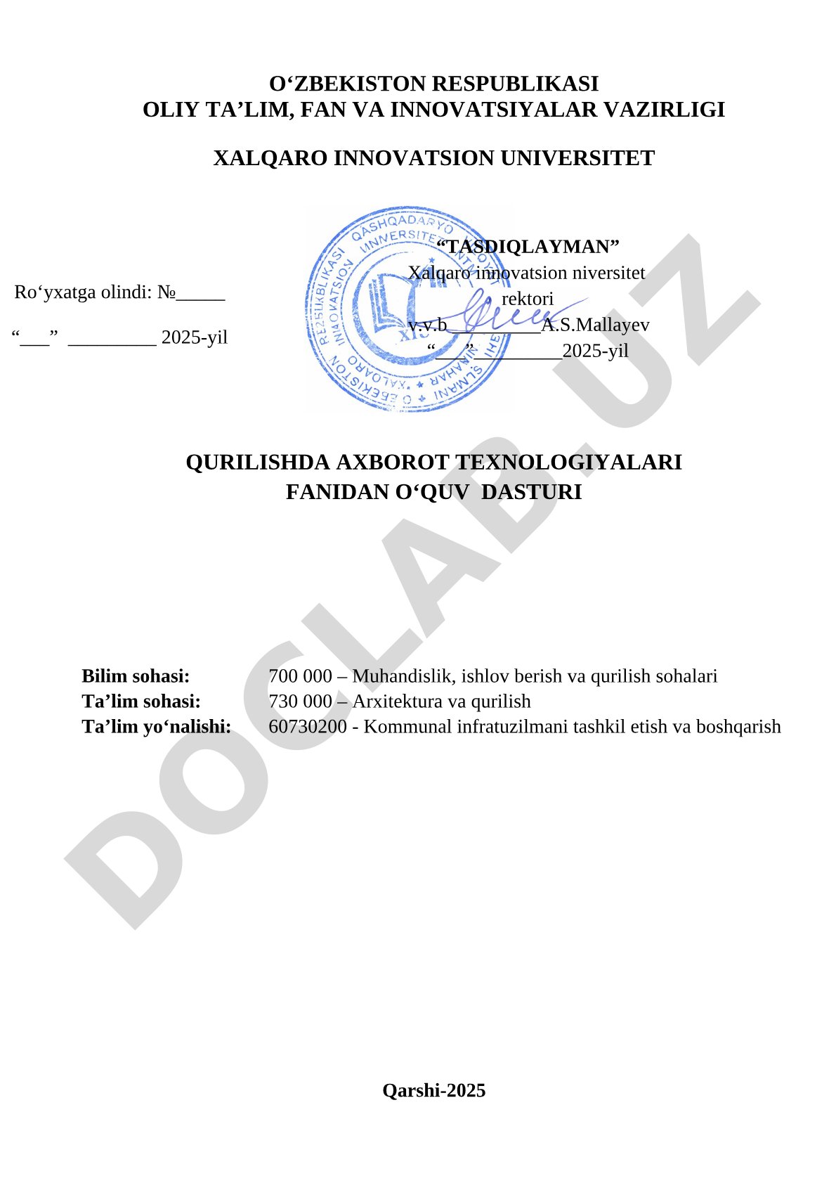 Qurilishda Axborot Texnologiyalari O'quv Dasturi