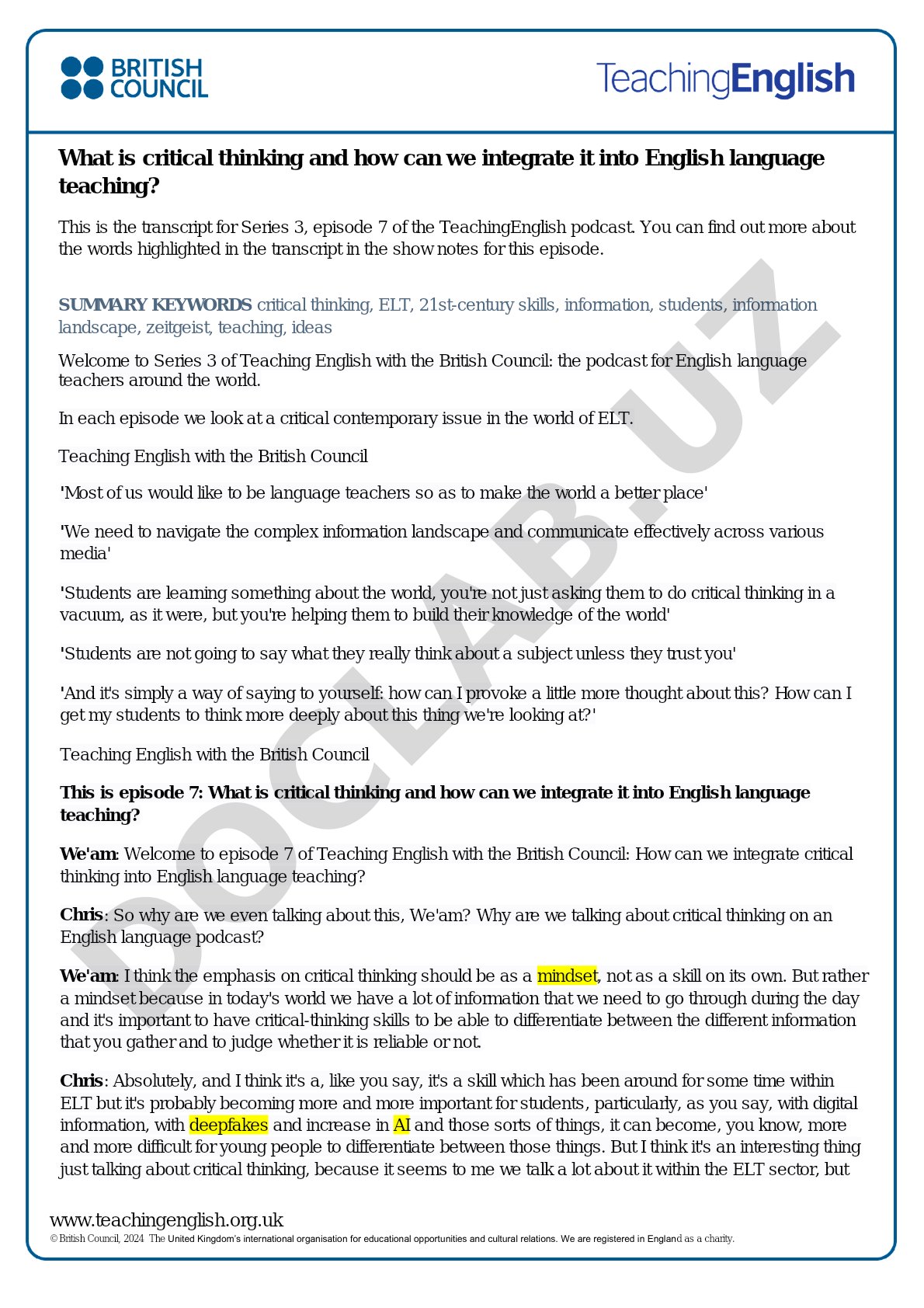 Critical Thinking in ELT Podcast Transcript