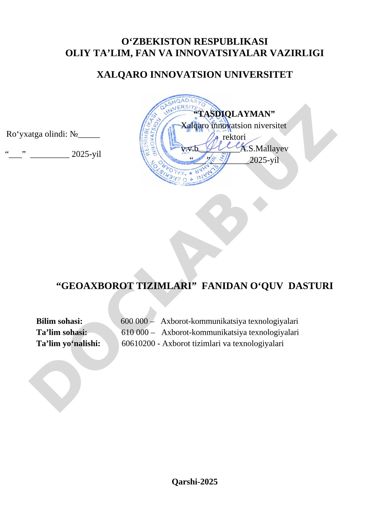 Geoaxborot Tizimlari O'quv Dasturi