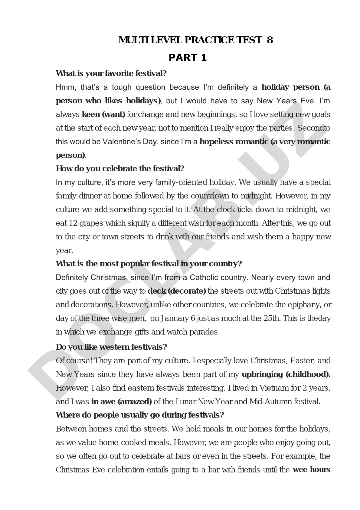 Multi Level Practice Test 8: Festivals