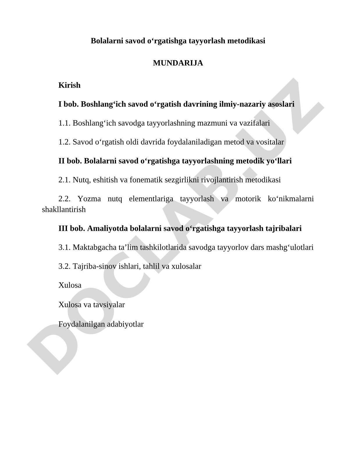 Bolalarni Savod O'rgatishga Tayyorlash Metodikasi