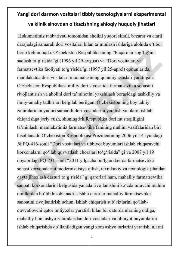 Yangi dori vositalarini sinovdan o'tkazishning ahloqiy-huquqiy jihatlari