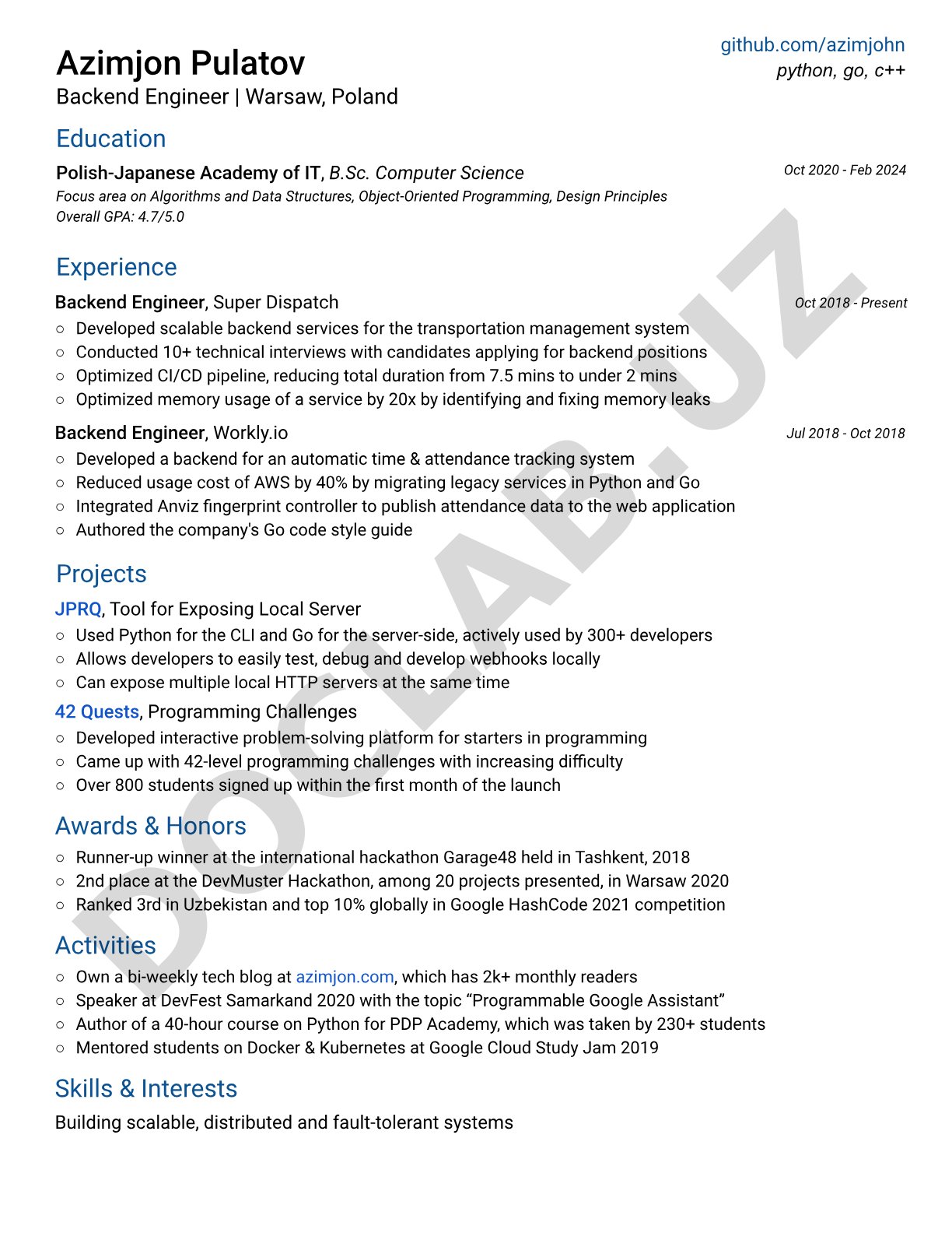 Azimjon Pulatov Backend Engineer CV