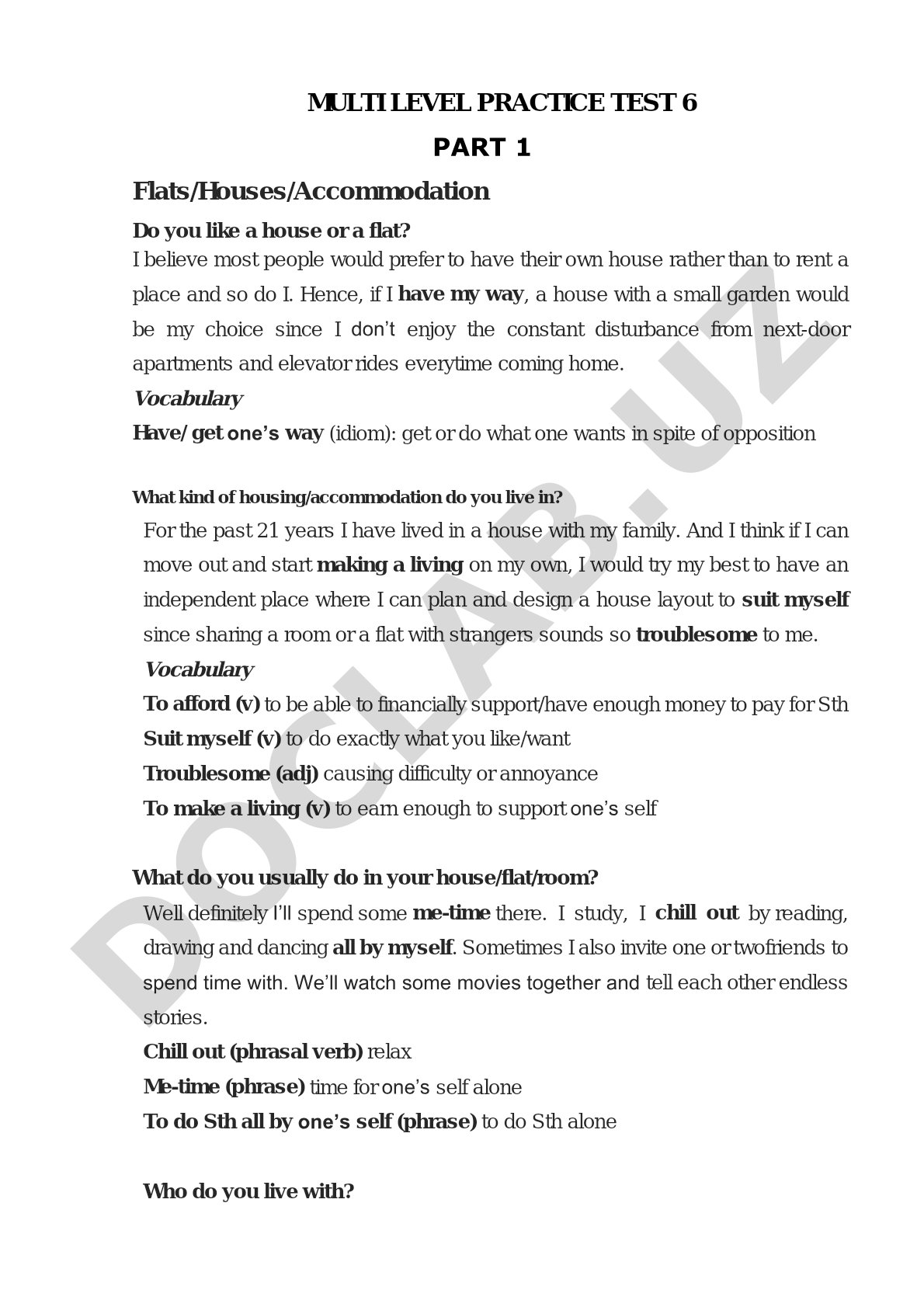 Multi Level Practice Test 6 Part 1 Flats/Houses/Accommodation