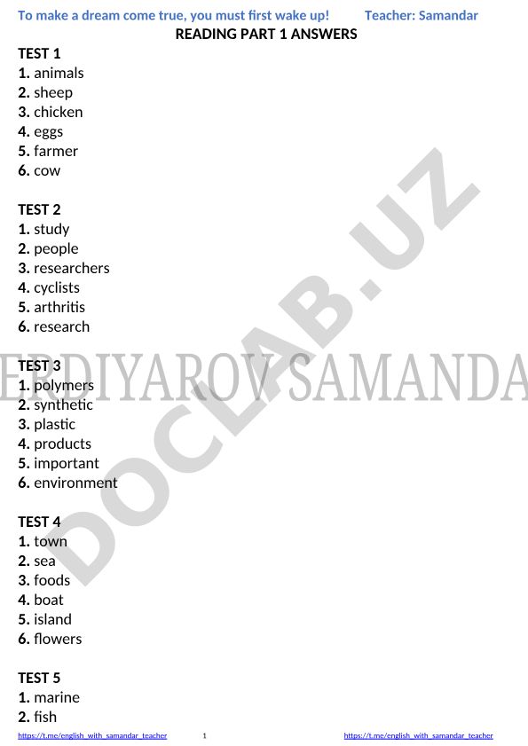 Ingliz tili test javoblari va o'quv materiallari