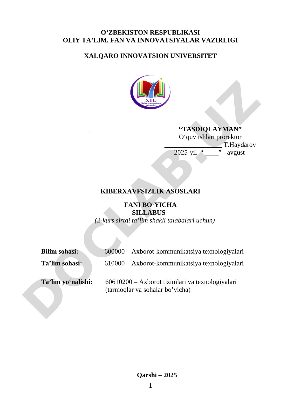 Kiberxavfsizlik asoslari sillabusi
