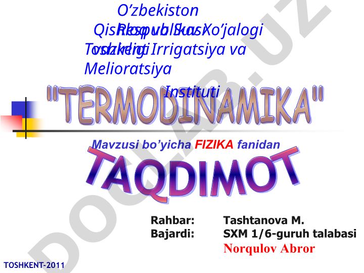 Termodinamika haqida tushuncha, energiya va ichki energiya