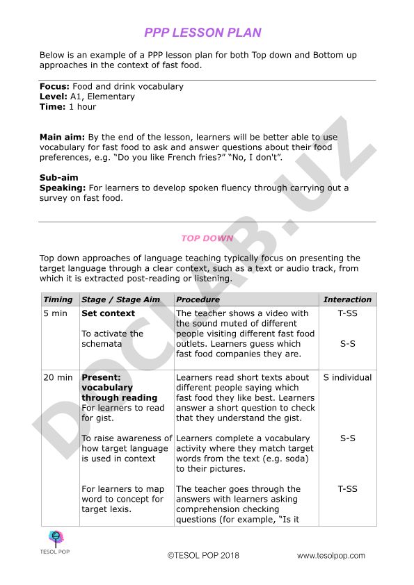 PPP Lesson Plan for Fast Food Vocabulary