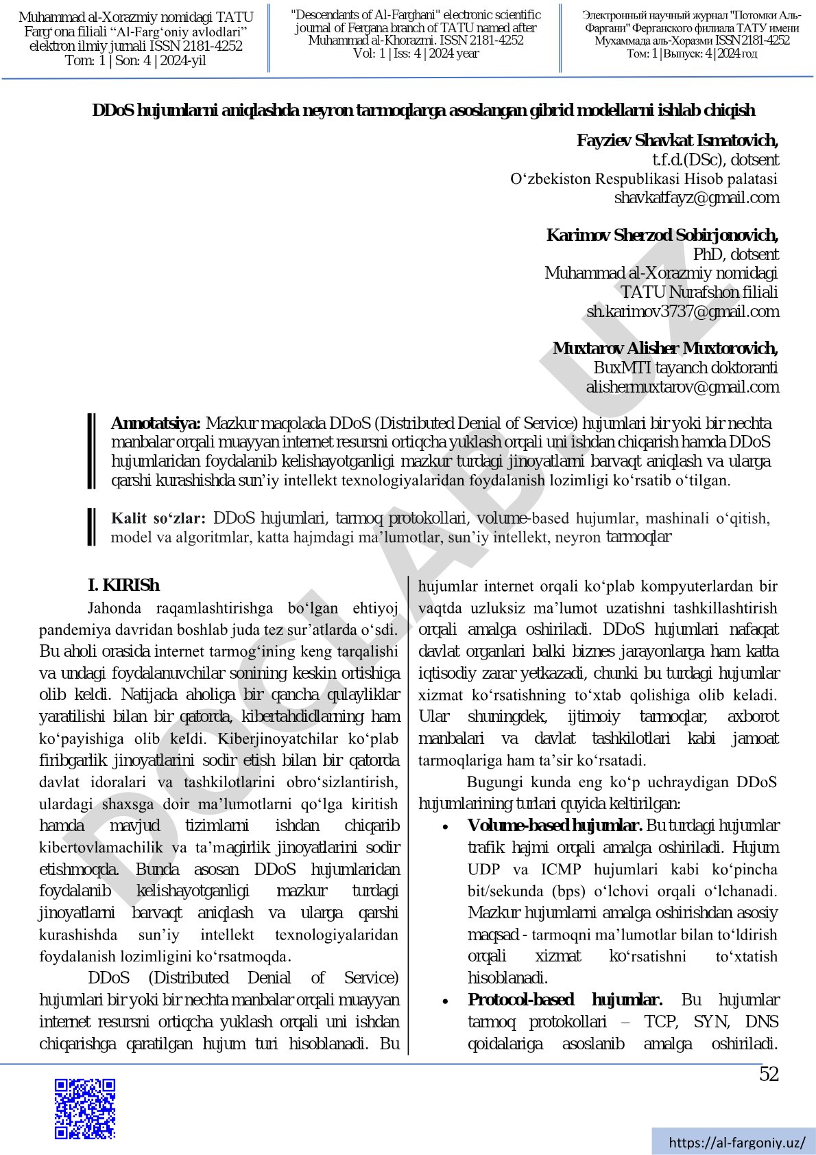 DDoS hujumlarni aniqlashda neyron tarmoqlarga asoslangan gibrid modellarni ishlab chiqish