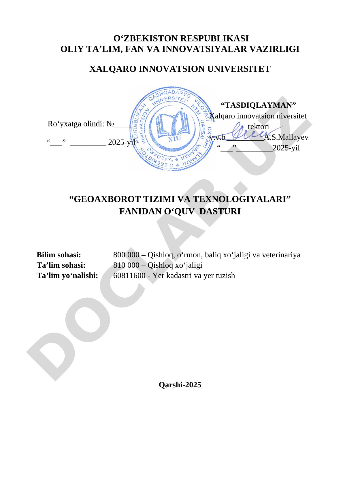 Geoaxborot Tizimi va Texnologiyalari O'quv Dasturi